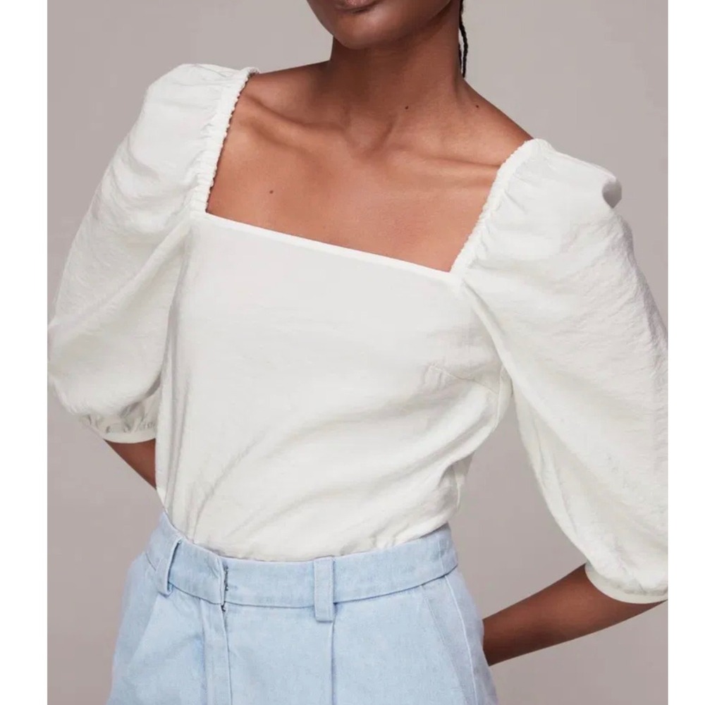 Whistles Cream White Blanche Square Neck Puff Sleeve Blouse‎ Top US 12 Romantic